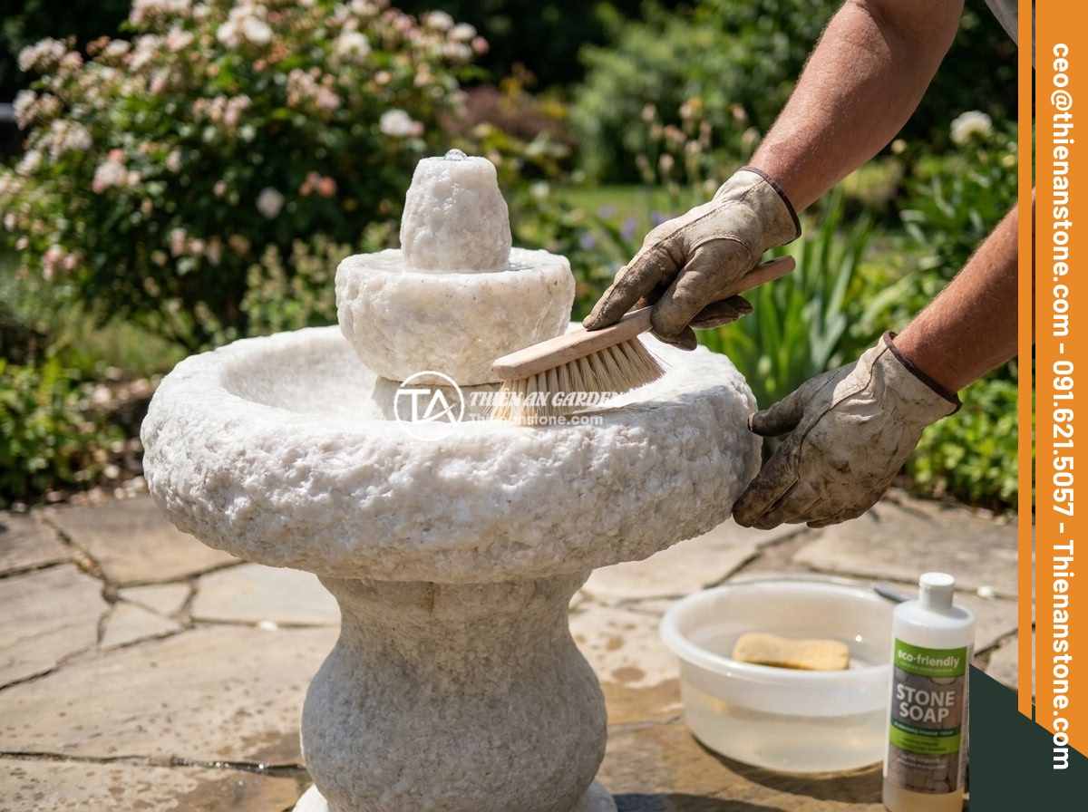 10 Ý Tưởng Thiết Kế Đài Phun Nước Bằng Đá Cho Sân Vườn Nhỏ, Ban Công Hẹp - Hình 13 10 Ý Tưởng Thiết Kế Đài Phun Nước Bằng Đá Cho Sân Vườn Nhỏ, Ban Công Hẹp - A person carefully cleaning a small stone fountain with a soft brush, showing th