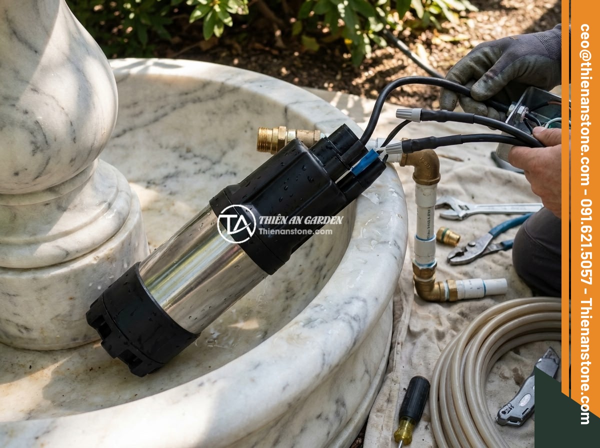 10 Ý Tưởng Thiết Kế Đài Phun Nước Bằng Đá Cho Sân Vườn Nhỏ, Ban Công Hẹp - Hình 14 10 Ý Tưởng Thiết Kế Đài Phun Nước Bằng Đá Cho Sân Vườn Nhỏ, Ban Công Hẹp - A detailed close-up of a submersible water pump being installed inside a stone f