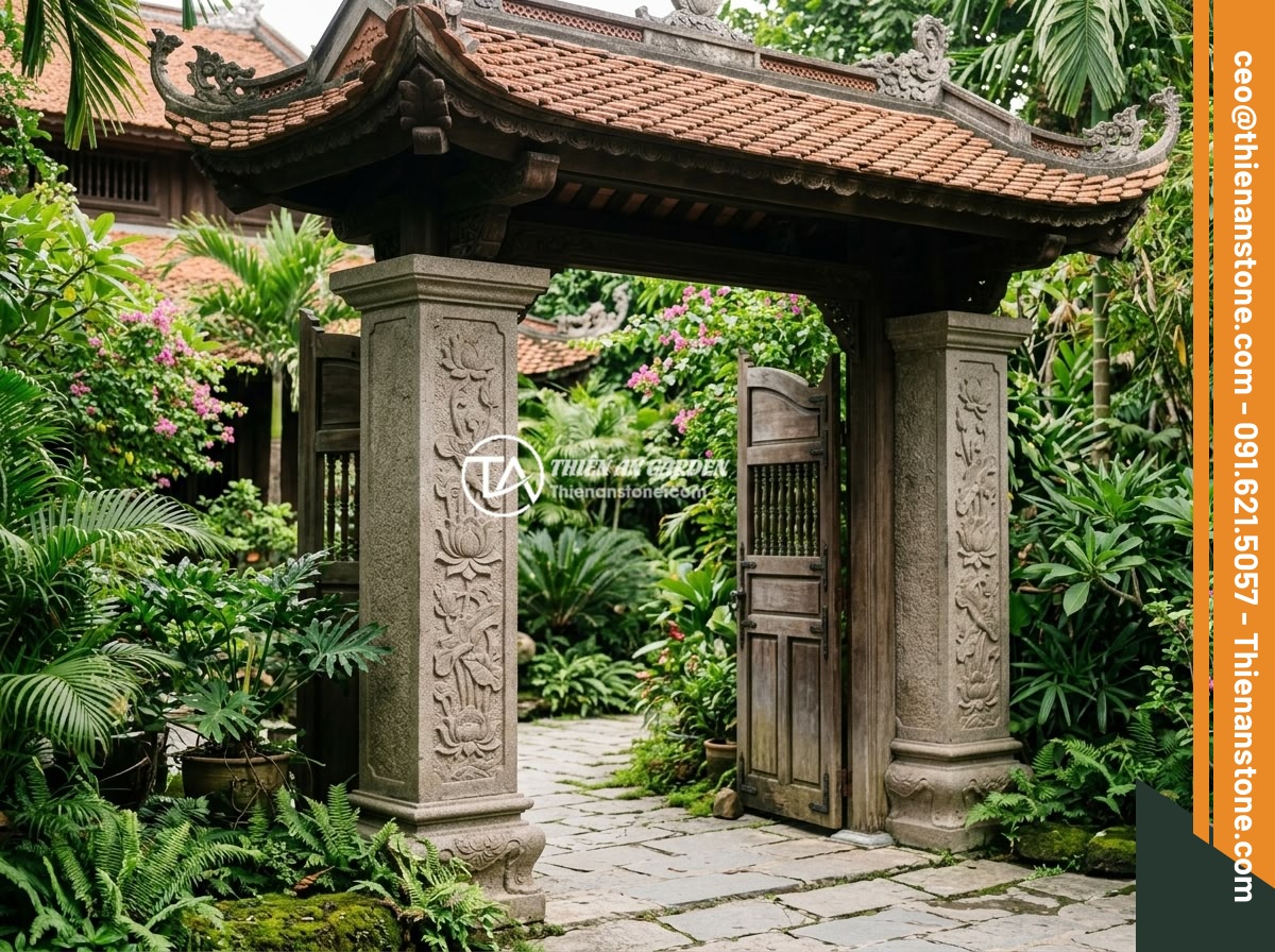 25+ Ý Tưởng Thiết Kế Trụ Đá Hàng Rào Đẹp Cho Nhà Vườn Phong Thủy - Natural stone fence pillars at a Vietnamese garden villa entrance, showcasing gr