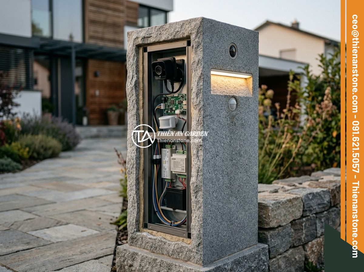 25+ Ý Tưởng Thiết Kế Trụ Đá Hàng Rào Đẹp Cho Nhà Vườn Phong Thủy - Modern smart stone fence pillar with hidden security camera, integrated LED ligh