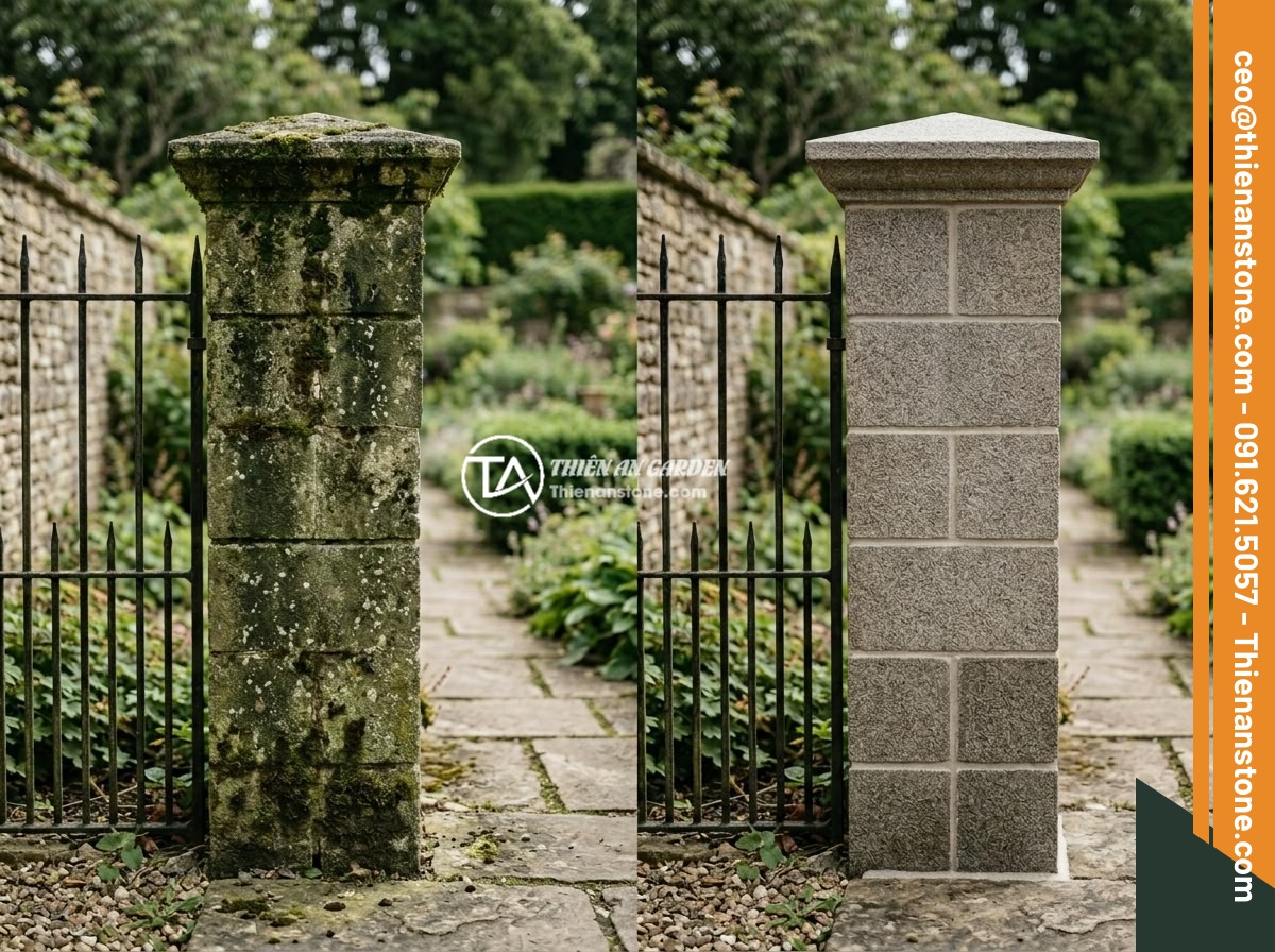 25+ Ý Tưởng Thiết Kế Trụ Đá Hàng Rào Đẹp Cho Nhà Vườn Phong Thủy - Before and after comparison of stone fence pillar maintenance, showing a weather