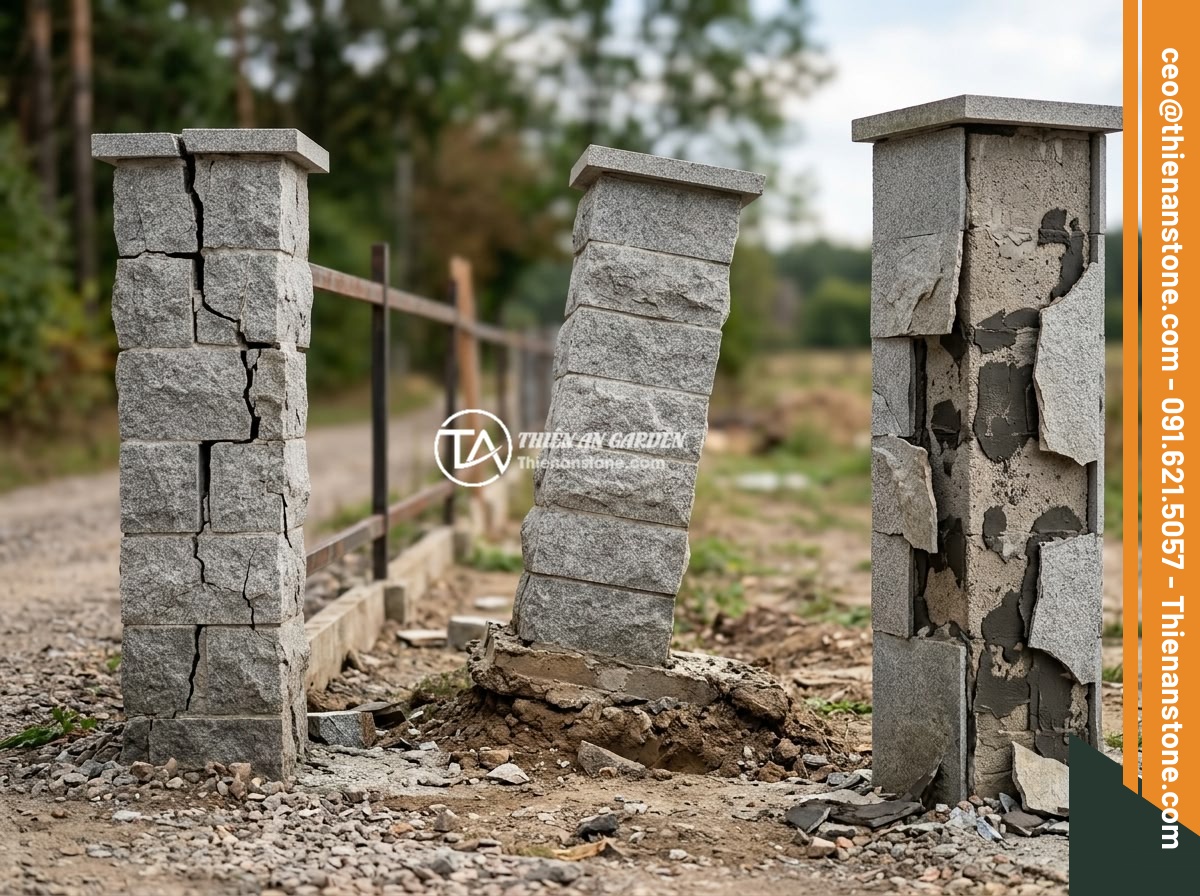 25+ Ý Tưởng Thiết Kế Trụ Đá Hàng Rào Đẹp Cho Nhà Vườn Phong Thủy - Common mistakes in stone fence pillar construction showing cracked stone due to 