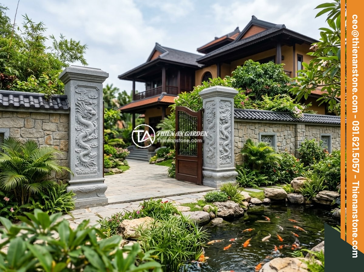 25+ Ý Tưởng Thiết Kế Trụ Đá Hàng Rào Đẹp Cho Nhà Vườn Phong Thủy - Completed luxury Vietnamese garden villa with beautiful natural stone fence pill