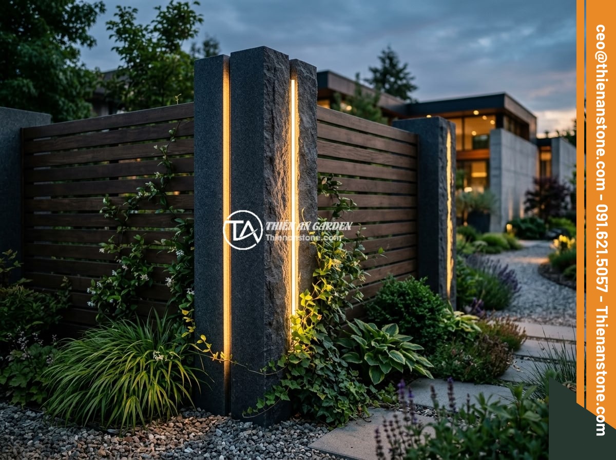 25+ Ý Tưởng Thiết Kế Trụ Đá Hàng Rào Đẹp Cho Nhà Vườn Phong Thủy - Modern stone fence pillars with integrated LED lighting at dusk, showing warm li