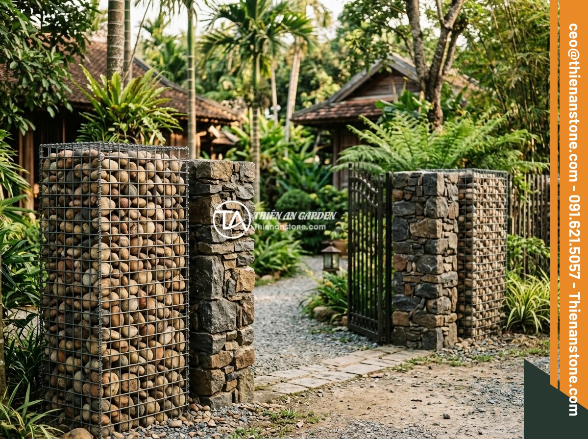 25+ Ý Tưởng Thiết Kế Trụ Đá Hàng Rào Đẹp Cho Nhà Vườn Phong Thủy - Creative gabion-style stone fence pillars filled with multicolored river pebbles