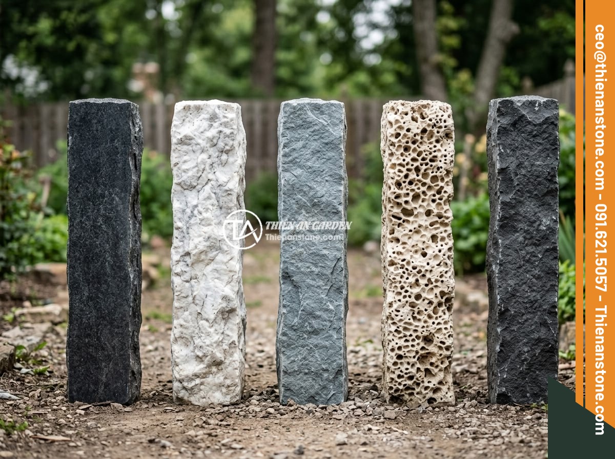 25+ Ý Tưởng Thiết Kế Trụ Đá Hàng Rào Đẹp Cho Nhà Vườn Phong Thủy - Various types of natural stones displayed side by side for fence pillar construc