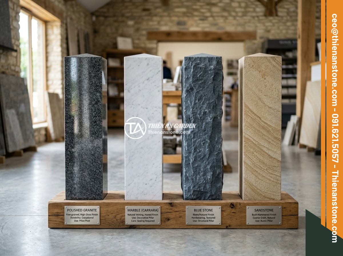 25+ Ý Tưởng Thiết Kế Trụ Đá Hàng Rào Đẹp Cho Nhà Vườn Phong Thủy - Comparison display of polished granite, marble, blue stone, and sandstone fence 