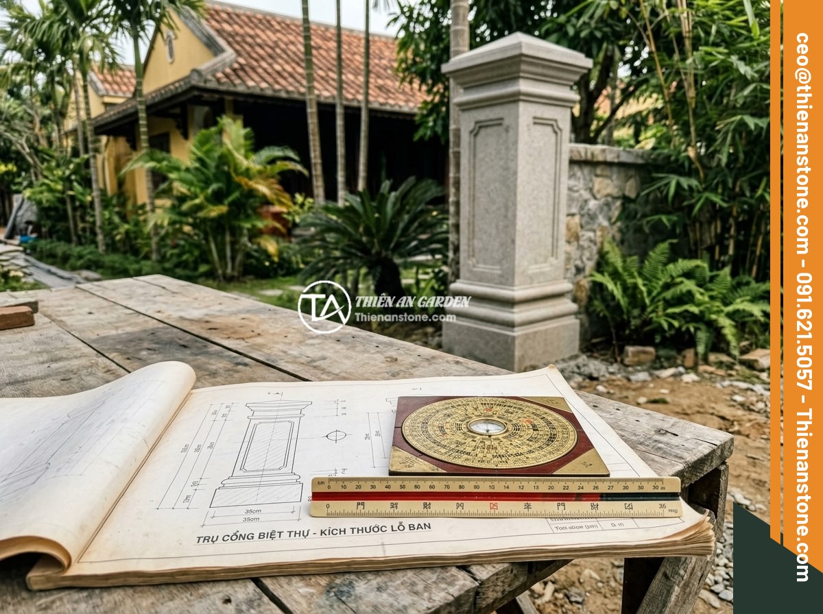 25+ Ý Tưởng Thiết Kế Trụ Đá Hàng Rào Đẹp Cho Nhà Vườn Phong Thủy - Feng shui compass (Lo Ban ruler) placed next to stone fence pillar blueprints sh