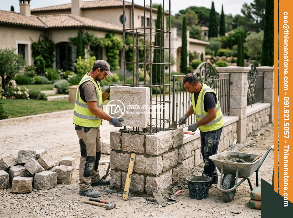 25+ Ý Tưởng Thiết Kế Trụ Đá Hàng Rào Đẹp Cho Nhà Vườn Phong Thủy - Professional stone fence pillar construction process showing workers installing 
