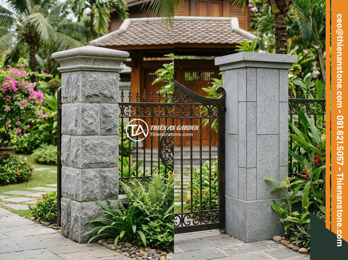 25+ Ý Tưởng Thiết Kế Trụ Đá Hàng Rào Đẹp Cho Nhà Vườn Phong Thủy - Elegant finished stone fence pillar installation at a luxury Vietnamese garden v
