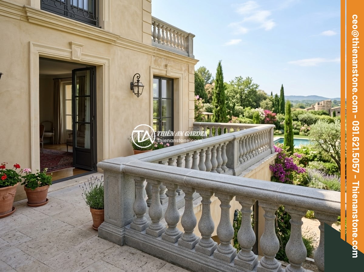 5 Sai Lầm Phổ Biến Khi Lắp Đặt Lục Bình Đá Lan Can Gây Ảnh Hưởng An Toàn & Thẩm Mỹ - Overview of a luxurious villa balcony featuring elegant natural stone baluster r