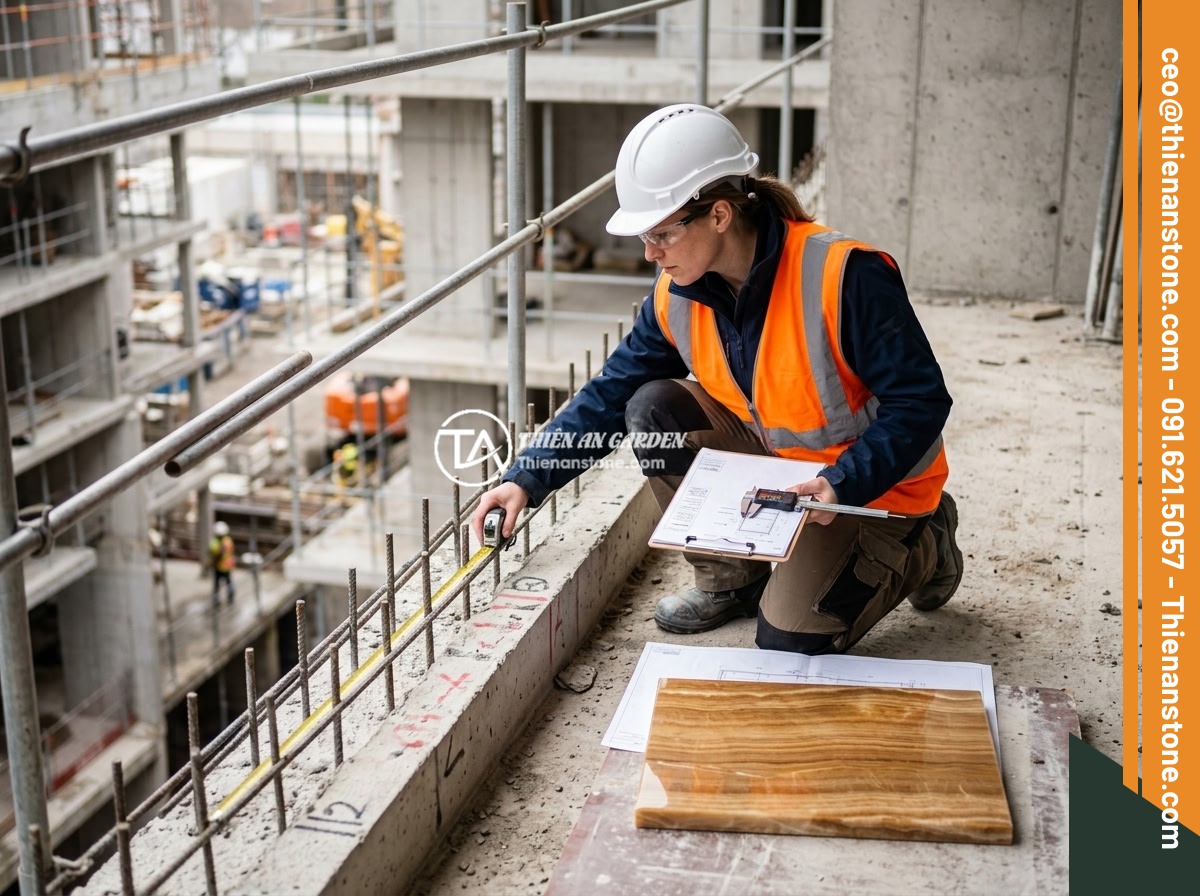 5 Sai Lầm Phổ Biến Khi Lắp Đặt Lục Bình Đá Lan Can Gây Ảnh Hưởng An Toàn & Thẩm Mỹ - Hình 2 5 Sai Lầm Phổ Biến Khi Lắp Đặt Lục Bình Đá Lan Can Gây Ảnh Hưởng An Toàn & Thẩm Mỹ - Construction engineer inspecting the structural integrity of a concrete balcony