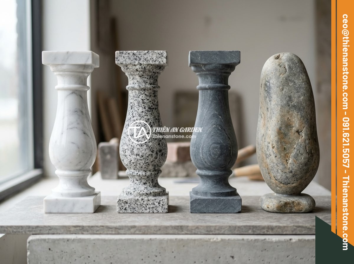 5 Sai Lầm Phổ Biến Khi Lắp Đặt Lục Bình Đá Lan Can Gây Ảnh Hưởng An Toàn & Thẩm Mỹ - Hình 3 5 Sai Lầm Phổ Biến Khi Lắp Đặt Lục Bình Đá Lan Can Gây Ảnh Hưởng An Toàn & Thẩm Mỹ - Close-up comparison of different natural stone types for balusters including whi