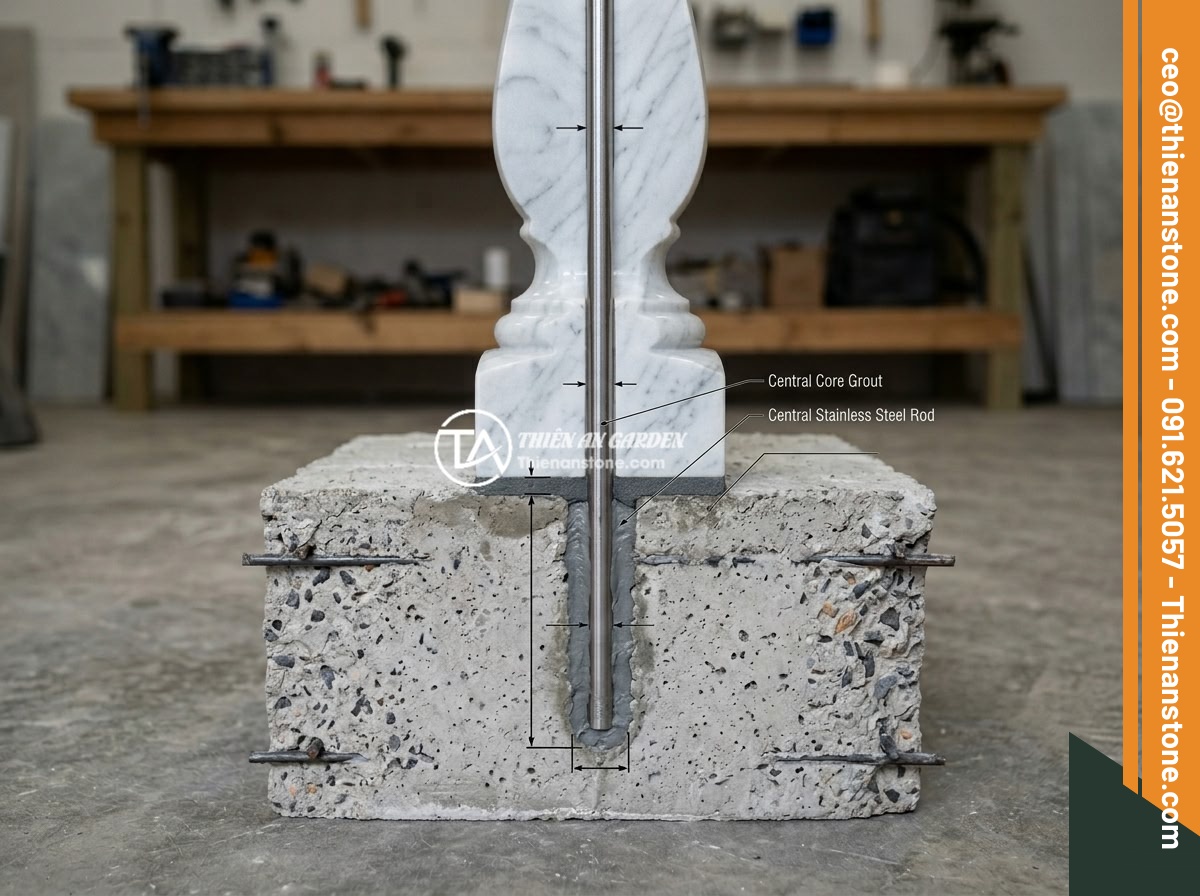 5 Sai Lầm Phổ Biến Khi Lắp Đặt Lục Bình Đá Lan Can Gây Ảnh Hưởng An Toàn & Thẩm Mỹ - Hình 4 5 Sai Lầm Phổ Biến Khi Lắp Đặt Lục Bình Đá Lan Can Gây Ảnh Hưởng An Toàn & Thẩm Mỹ - Detailed cross-section illustration showing the internal structure of a stone ba