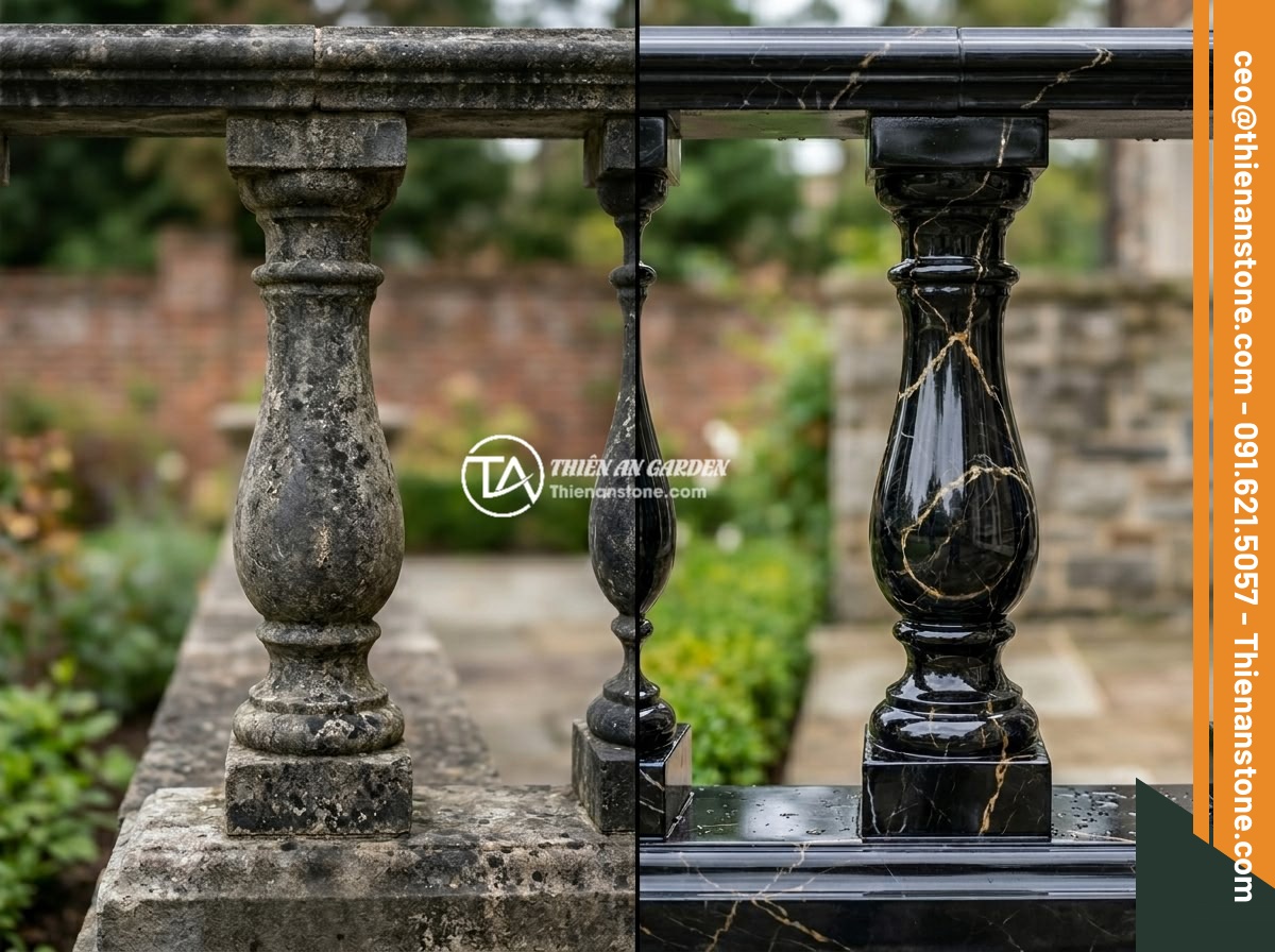 5 Sai Lầm Phổ Biến Khi Lắp Đặt Lục Bình Đá Lan Can Gây Ảnh Hưởng An Toàn & Thẩm Mỹ - Hình 6 5 Sai Lầm Phổ Biến Khi Lắp Đặt Lục Bình Đá Lan Can Gây Ảnh Hưởng An Toàn & Thẩm Mỹ - Before and after comparison of stone baluster surface treatment, showing untreat