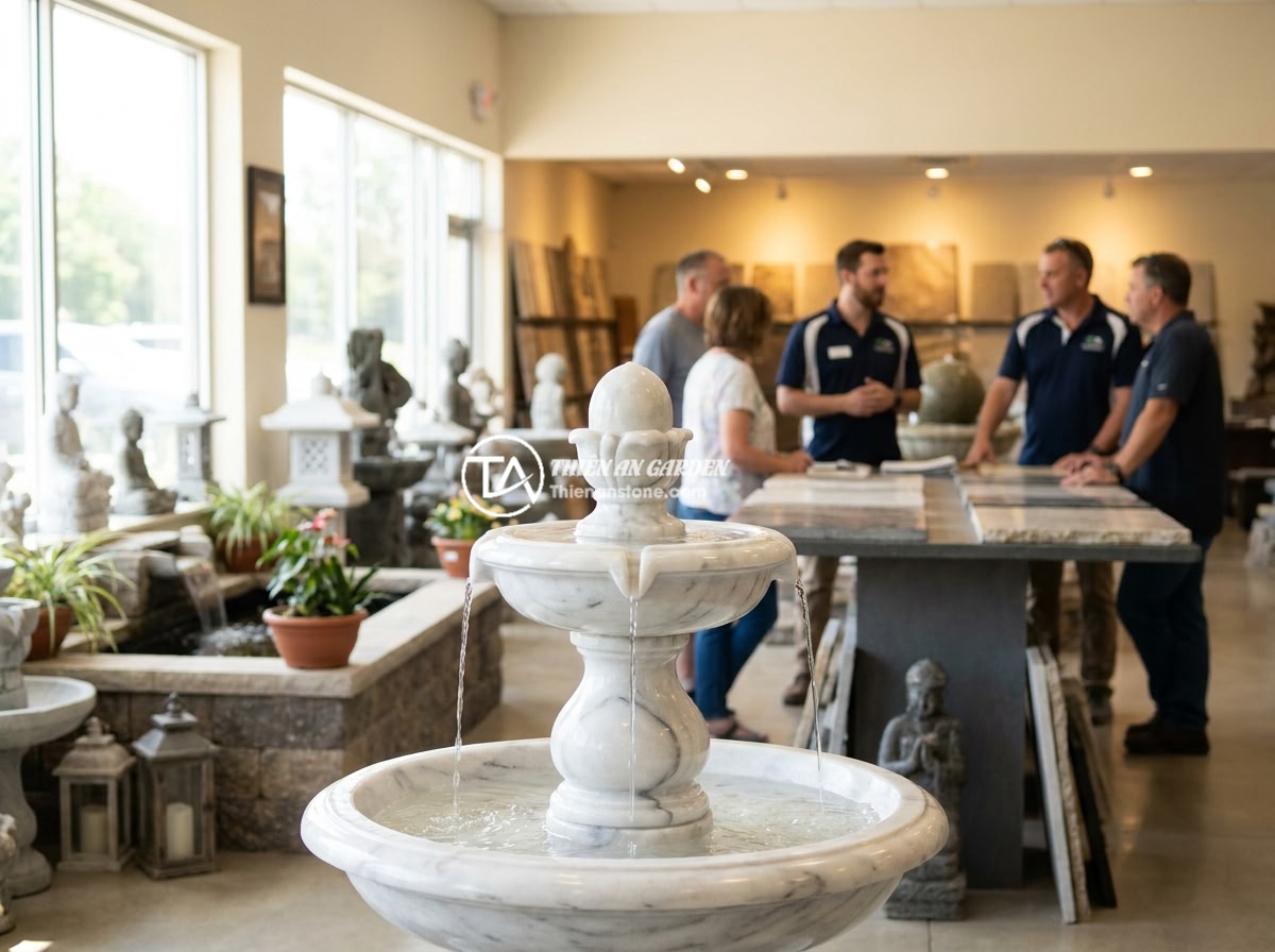 7 Kinh Nghiệm Chọn Mua Đài Phun Nước Bằng Đá Bền Đẹp Giá Tốt Từ Chuyên Gia - The Thien An Stone company showroom displaying a wide range of beautifully craft