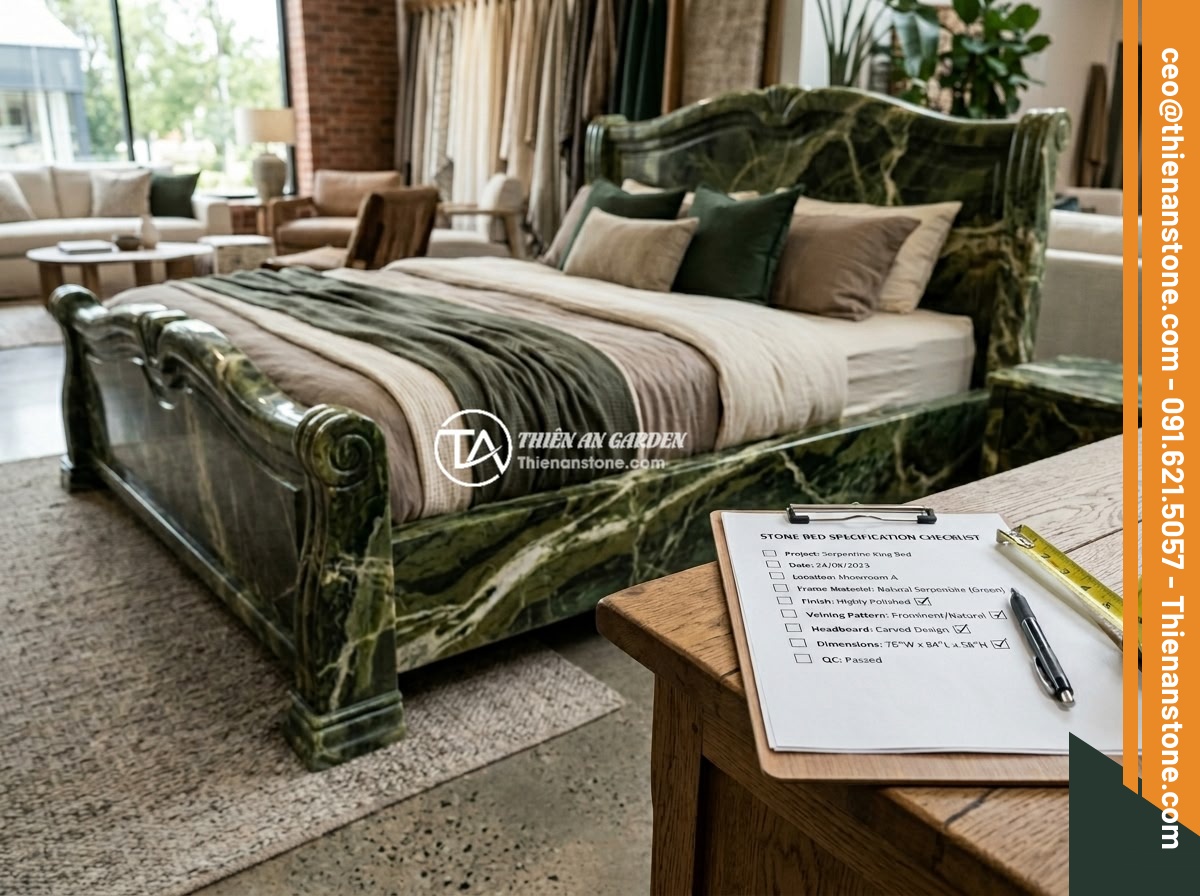 7 Sai Lầm Khi Mua Sập Đá Giá Rẻ: Nhận Biết Hàng Kém Chất Lượng Và Tránh Bẫy - A detailed checklist document placed next to a beautiful carved natural stone be
