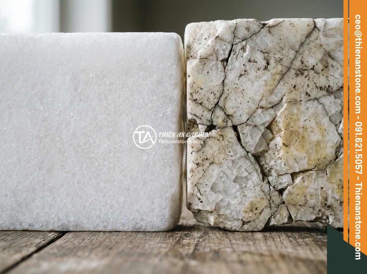 7 Sai Lầm Khi Mua Sập Đá Giá Rẻ: Nhận Biết Hàng Kém Chất Lượng Và Tránh Bẫy - Close-up comparison of a high-quality natural stone slab surface versus a low-qu