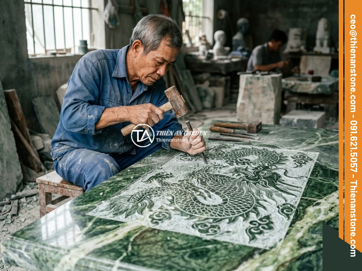 7 Sai Lầm Khi Mua Sập Đá Giá Rẻ: Nhận Biết Hàng Kém Chất Lượng Và Tránh Bẫy - Craftsman hand-carving intricate dragon patterns on a large natural stone table 