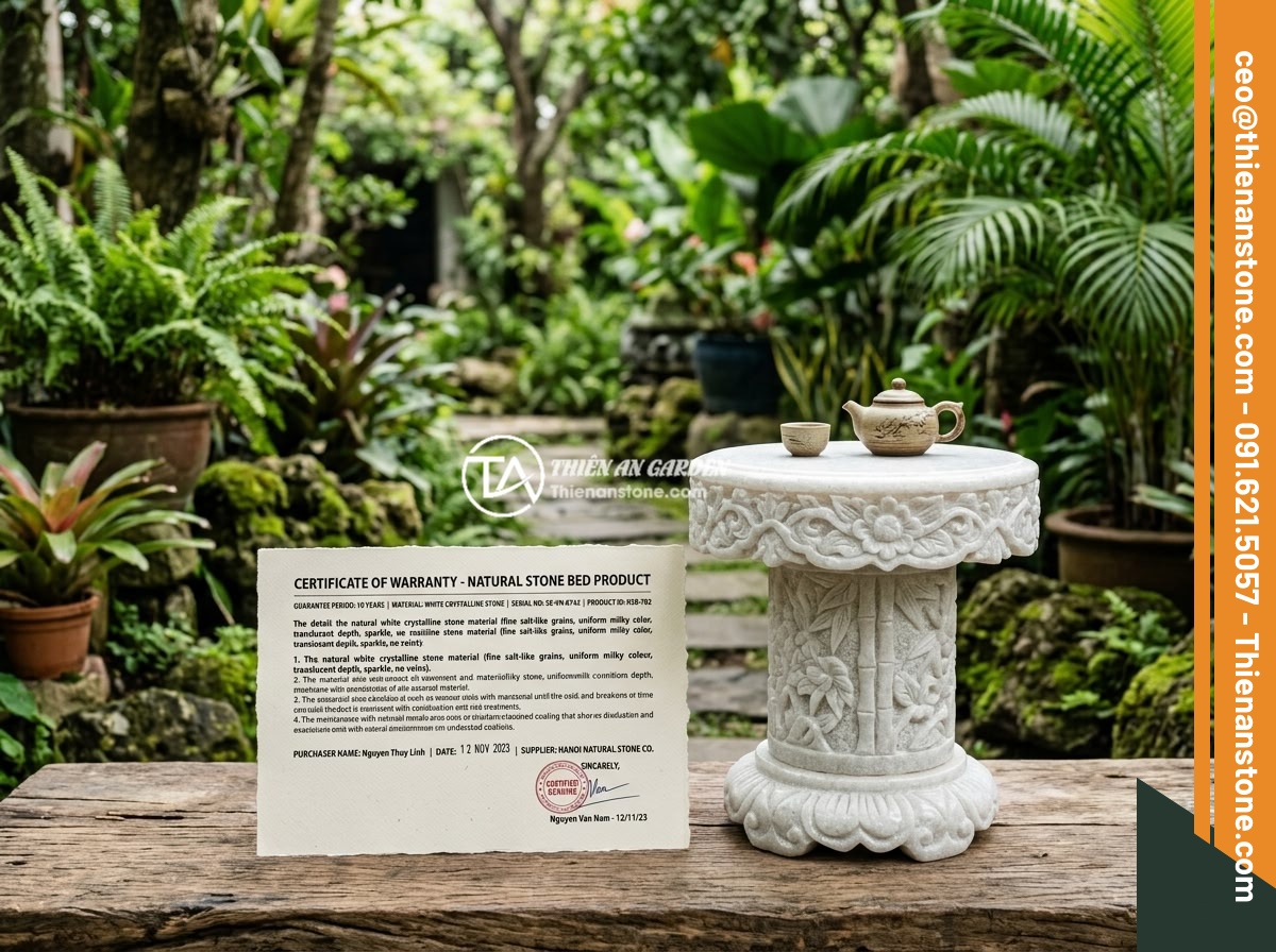 7 Sai Lầm Khi Mua Sập Đá Giá Rẻ: Nhận Biết Hàng Kém Chất Lượng Và Tránh Bẫy - A warranty certificate document for a natural stone bed product, placed next to 
