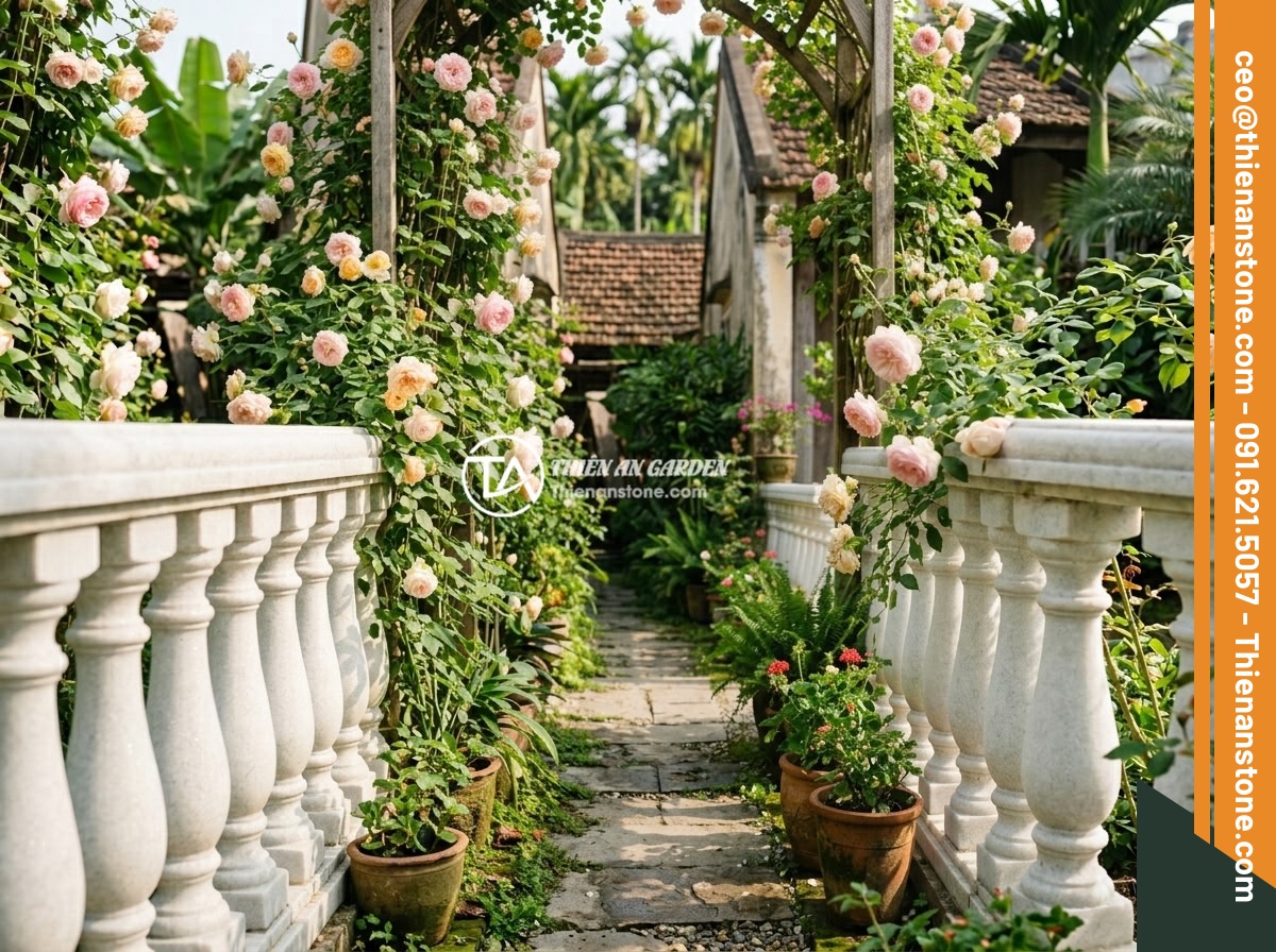 7 Ý Tưởng Thiết Kế Lan Can Lục Bình Đá Cho Sân Vườn Nhỏ, Không Gian Hạn Chế - Hình 2 7 Ý Tưởng Thiết Kế Lan Can Lục Bình Đá Cho Sân Vườn Nhỏ, Không Gian Hạn Chế - Classical European style miniature stone balusters along a narrow garden pathway