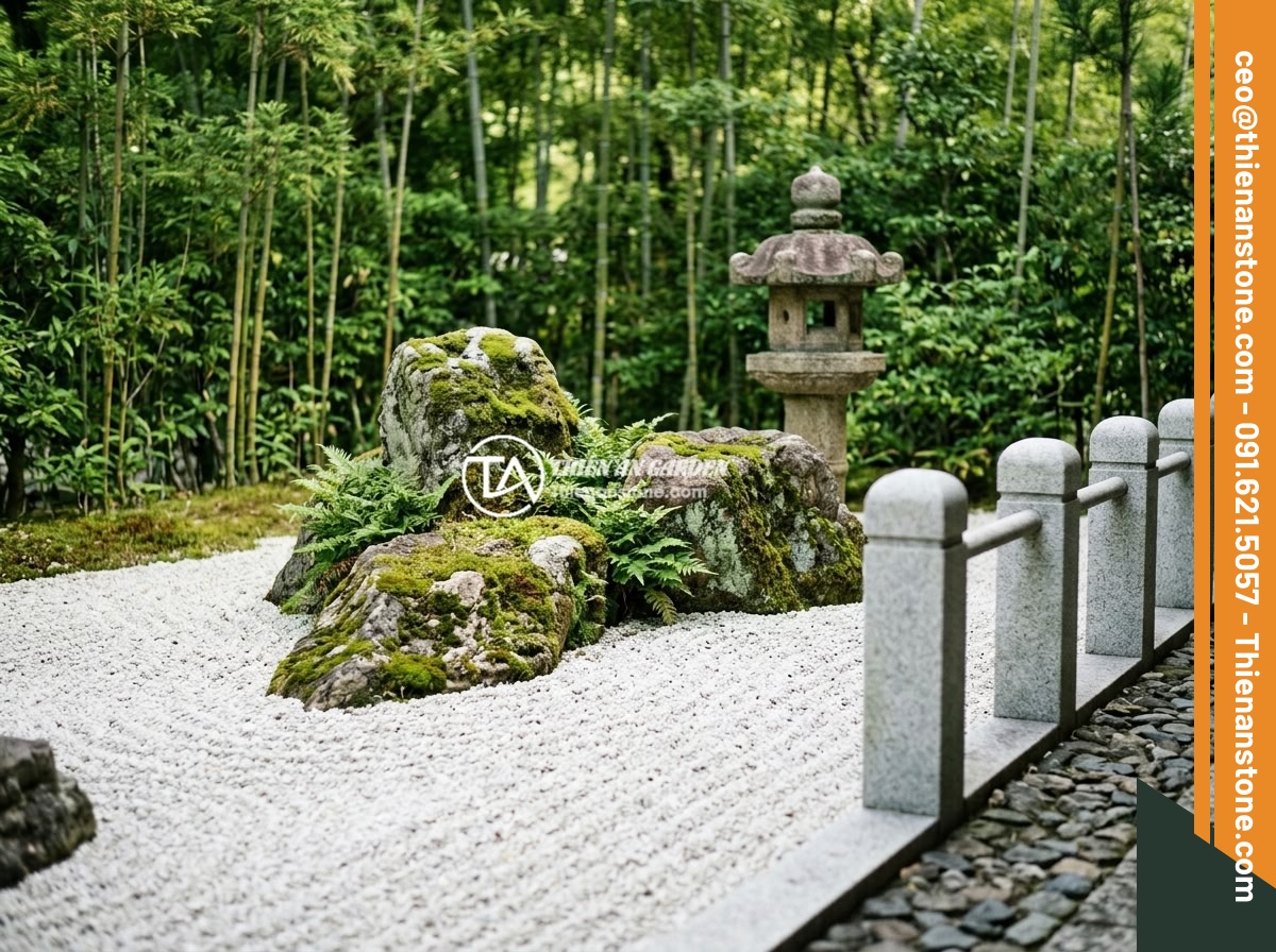 7 Ý Tưởng Thiết Kế Lan Can Lục Bình Đá Cho Sân Vườn Nhỏ, Không Gian Hạn Chế - Hình 3 7 Ý Tưởng Thiết Kế Lan Can Lục Bình Đá Cho Sân Vườn Nhỏ, Không Gian Hạn Chế - Zen Japanese-style small garden with minimalist smooth stone balusters, white gr