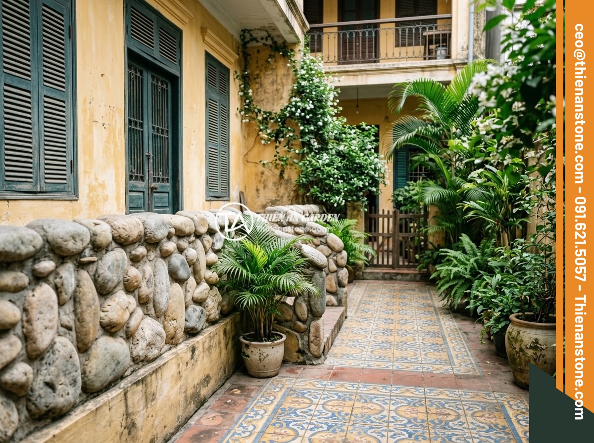 7 Ý Tưởng Thiết Kế Lan Can Lục Bình Đá Cho Sân Vườn Nhỏ, Không Gian Hạn Chế - Hình 5 7 Ý Tưởng Thiết Kế Lan Can Lục Bình Đá Cho Sân Vườn Nhỏ, Không Gian Hạn Chế - Indochine-style stone balustrade in a small courtyard with vintage ornamental fl