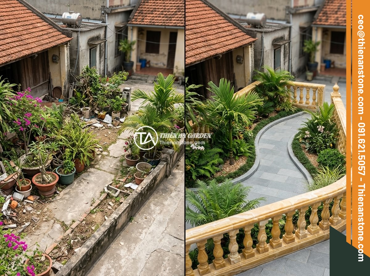 7 Ý Tưởng Thiết Kế Lan Can Lục Bình Đá Cho Sân Vườn Nhỏ, Không Gian Hạn Chế - Hình 9 7 Ý Tưởng Thiết Kế Lan Can Lục Bình Đá Cho Sân Vườn Nhỏ, Không Gian Hạn Chế - Infographic-style overhead view showing a before and after comparison of a small