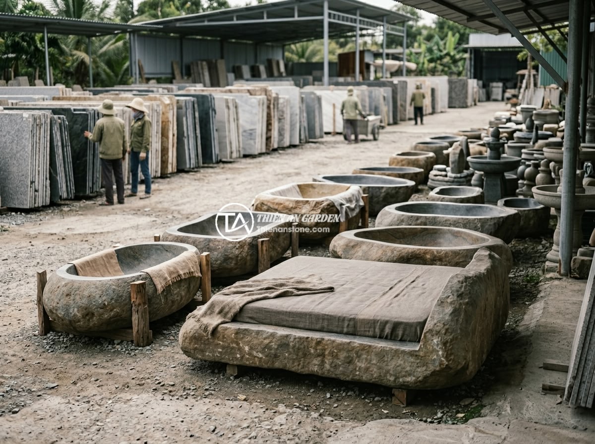 Bảng Giá Sập Đá Tự Nhiên Nguyên Khối 2026 Phân Loại Theo Chất Liệu Kích Thước - Overview of natural stone slab market in Vietnam 2026 with various types of ston