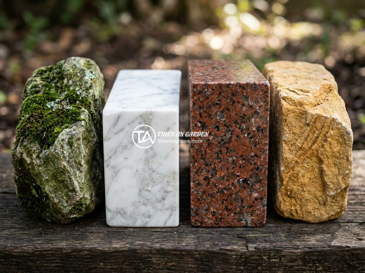 Bảng Giá Sập Đá Tự Nhiên Nguyên Khối 2026 Phân Loại Theo Chất Liệu Kích Thước - Close-up comparison of different natural stone materials for stone beds includin