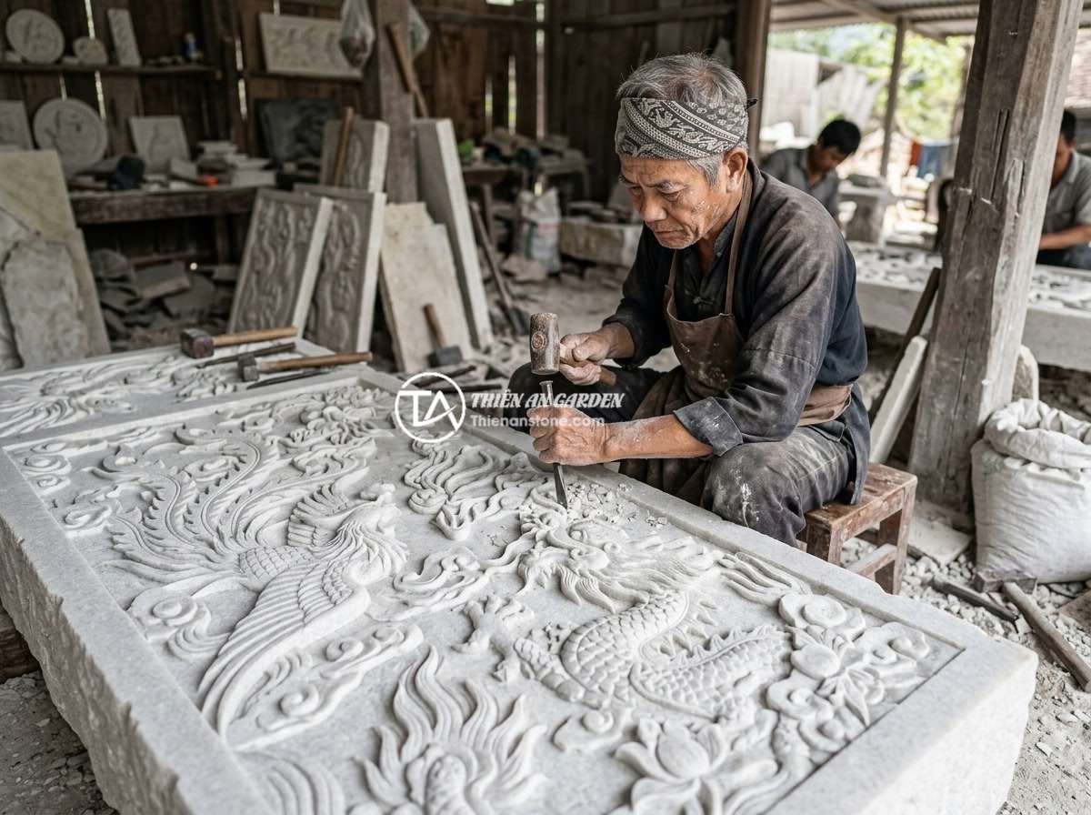 Bảng Giá Sập Đá Tự Nhiên Nguyên Khối 2026 Phân Loại Theo Chất Liệu Kích Thước - Master stone carver working on intricate dragon and phoenix patterns on a large 