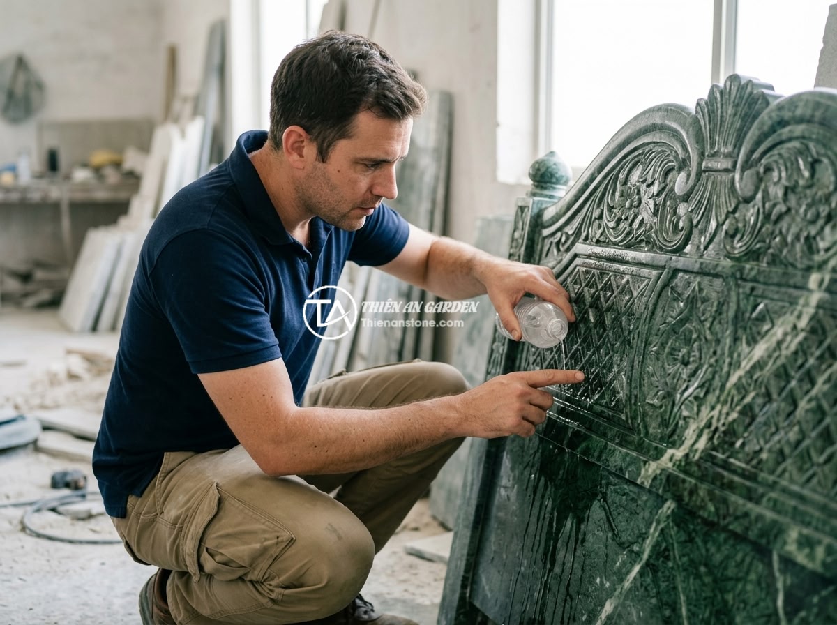 Bảng Giá Sập Đá Tự Nhiên Nguyên Khối 2026 Phân Loại Theo Chất Liệu Kích Thước - Quality inspection of a natural stone bed showing a buyer carefully examining th