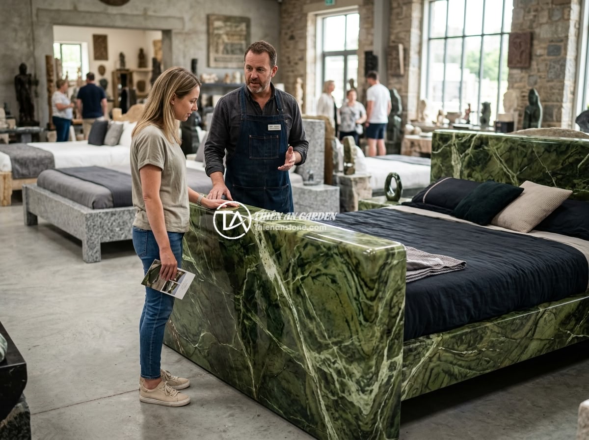 Bảng Giá Sập Đá Tự Nhiên Nguyên Khối 2026 Phân Loại Theo Chất Liệu Kích Thước - Customer consulting with stone bed specialist in a large stone sculpture showroo