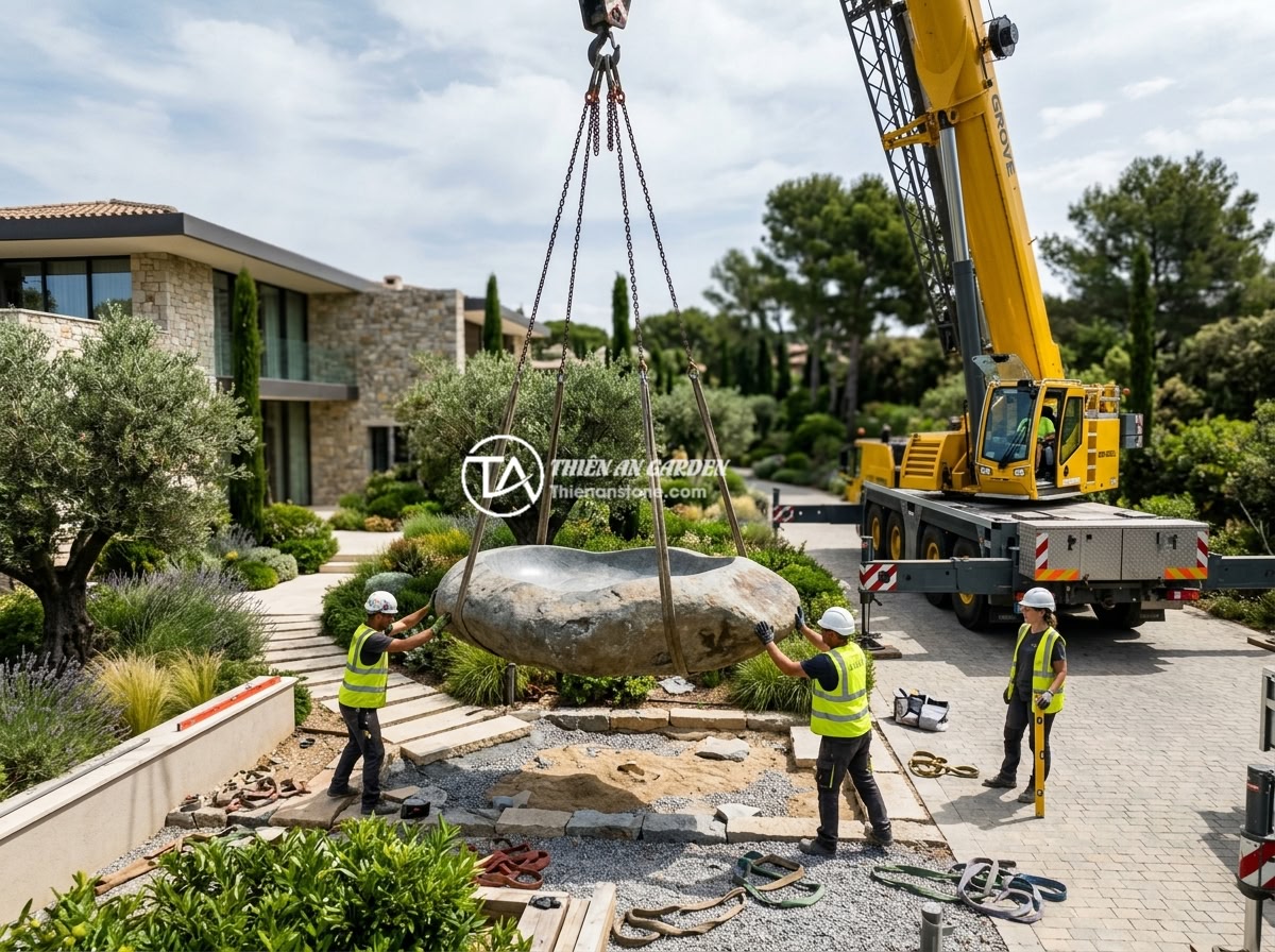 Bảng Giá Sập Đá Tự Nhiên Nguyên Khối 2026 Phân Loại Theo Chất Liệu Kích Thước - Professional crane lifting a heavy natural stone bed from a truck and carefully 