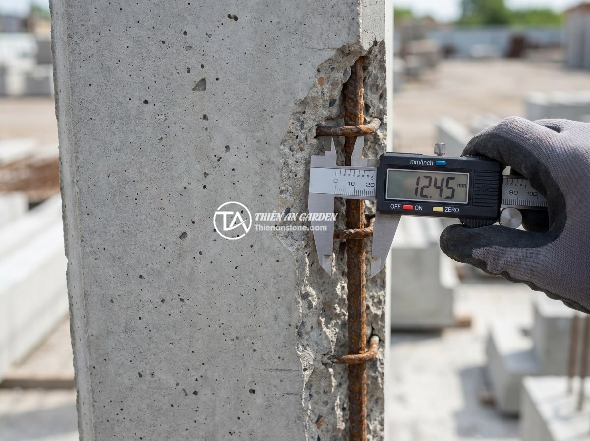Bảng Giá Trụ Bê Tông Đúc Sẵn Và Trụ Đá Hàng Rào Cập Nhật Mới Nhất - Hình 9 Bảng Giá Trụ Bê Tông Đúc Sẵn Và Trụ Đá Hàng Rào Cập Nhật Mới Nhất - Close-up inspection of precast concrete fence pillar quality, showing surface te