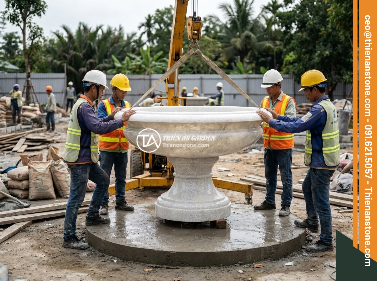 Báo Giá Đài Phun Nước Bằng Đá 2026 – Bảng Giá Chi Tiết & Ưu Đãi Thi Công Trọn Gói - Hình 7 Báo Giá Đài Phun Nước Bằng Đá 2026 – Bảng Giá Chi Tiết & Ưu Đãi Thi Công Trọn Gói - A professional stone fountain installation team using a small crane to carefully