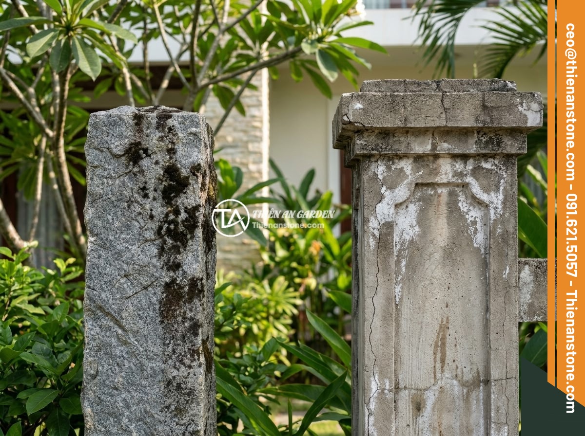 Báo Giá Trụ Đá Hàng Rào Theo Kích Thước Và Chất Liệu Tự Nhiên - Natural stone fence posts compared side by side with concrete fence posts in a V