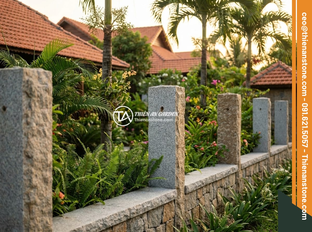 Báo Giá Trụ Đá Hàng Rào Theo Kích Thước Và Chất Liệu Tự Nhiên - Completed natural stone fence post project by Da Canh Thien An at a beautiful Vi