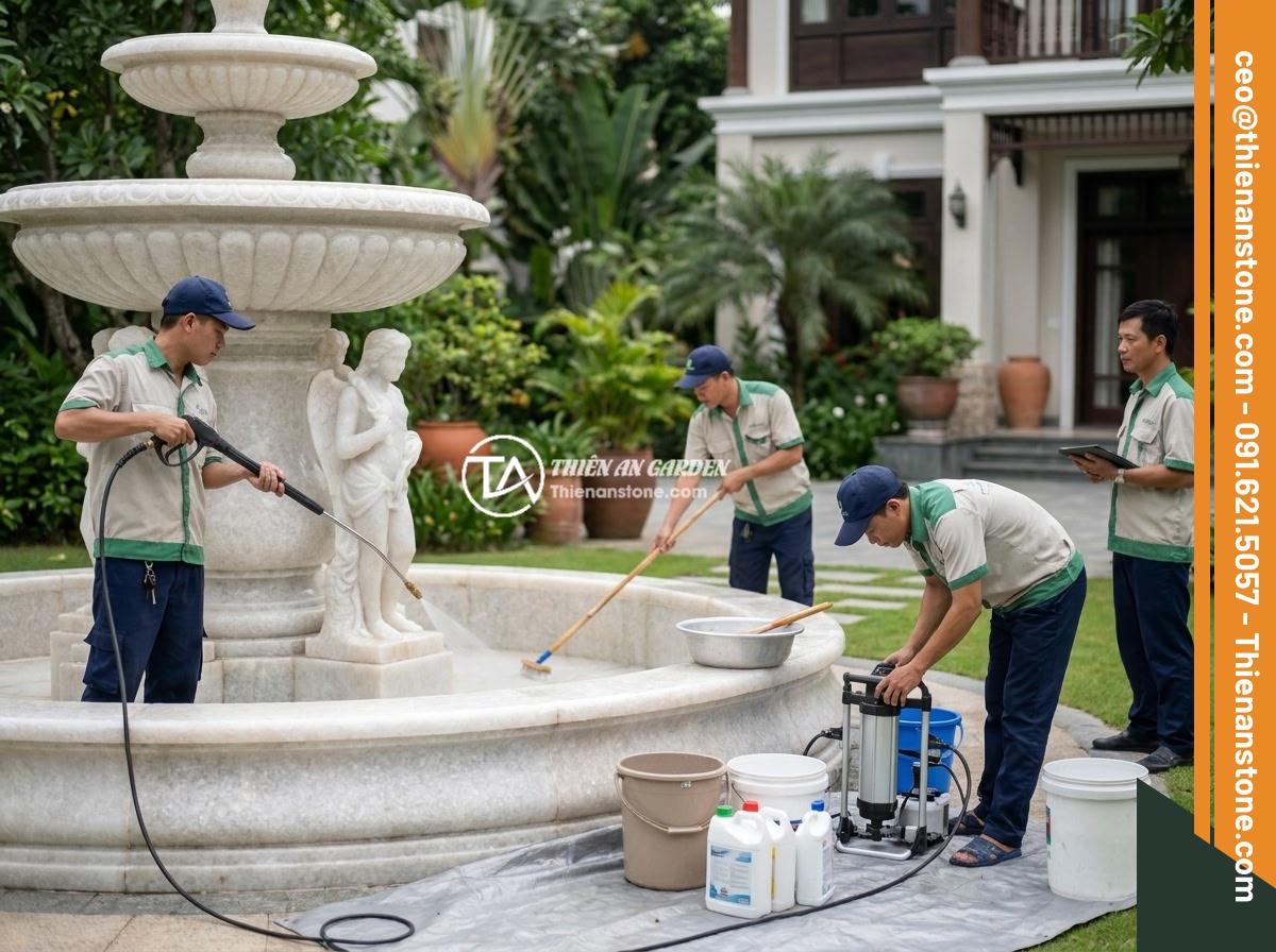 Bảo Trì Đài Phun Nước Bằng Đá Tự Nhiên: Hướng Dẫn Chi Tiết Để Sử Dụng Lâu Dài - Hình 11 Bảo Trì Đài Phun Nước Bằng Đá Tự Nhiên: Hướng Dẫn Chi Tiết Để Sử Dụng Lâu Dài - Professional maintenance team working on a large ornate natural stone fountain i