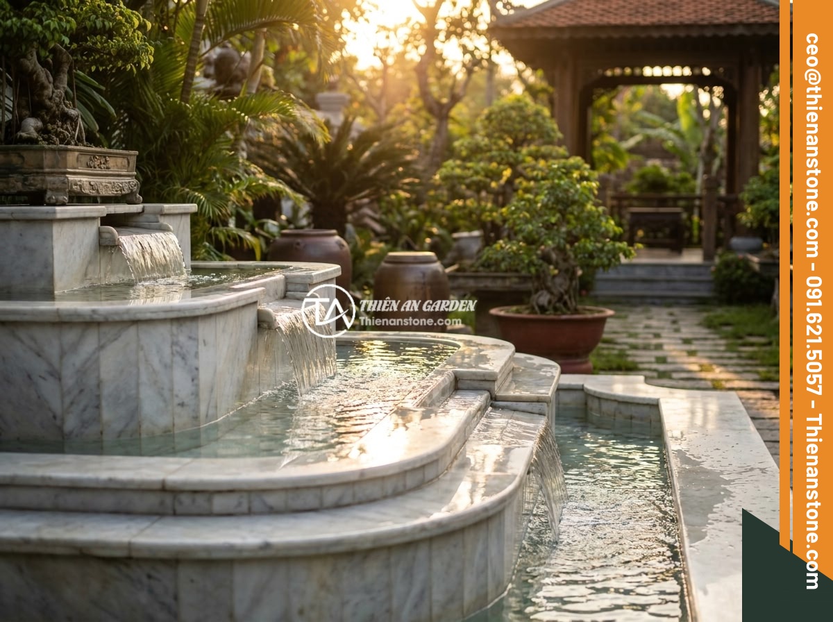 Bảo Trì Đài Phun Nước Bằng Đá Tự Nhiên: Hướng Dẫn Chi Tiết Để Sử Dụng Lâu Dài - Hình 12 Bảo Trì Đài Phun Nước Bằng Đá Tự Nhiên: Hướng Dẫn Chi Tiết Để Sử Dụng Lâu Dài - A beautifully maintained natural stone water fountain at sunset in a Vietnamese
