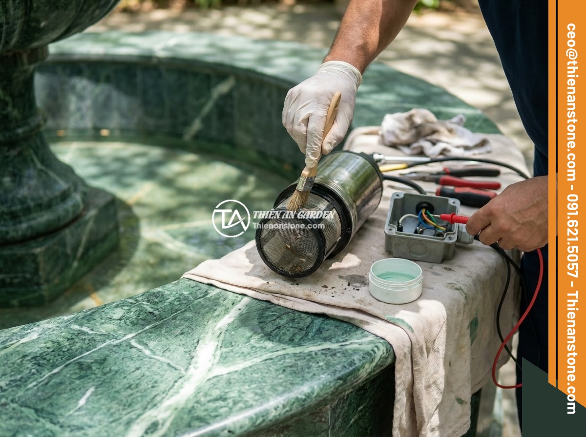 Bảo Trì Đài Phun Nước Bằng Đá Tự Nhiên: Hướng Dẫn Chi Tiết Để Sử Dụng Lâu Dài - Hình 8 Bảo Trì Đài Phun Nước Bằng Đá Tự Nhiên: Hướng Dẫn Chi Tiết Để Sử Dụng Lâu Dài - Detailed view of a submersible pump being maintained, showing technician hands c