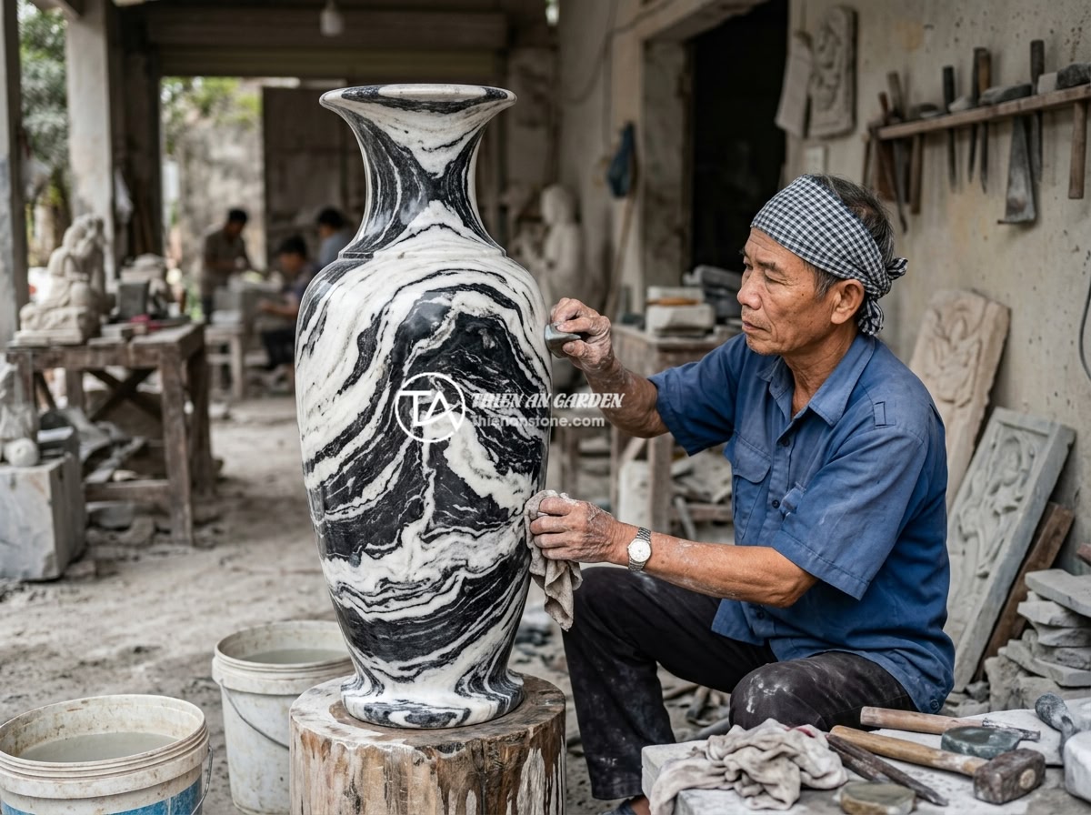 Cách Bảo Quản Lục Bình Đá Tự Nhiên Ngoài Trời: Mẹo Giữ Đẹp Lâu, Tránh Hỏng Hóc - Vietnamese stone artisan carefully polishing and maintaining a large natural sto