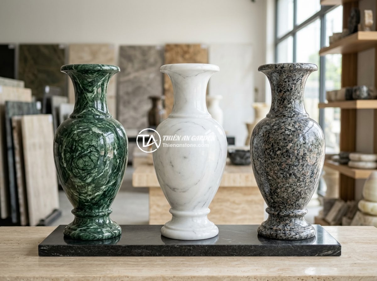 Cách Bảo Quản Lục Bình Đá Tự Nhiên Ngoài Trời: Mẹo Giữ Đẹp Lâu, Tránh Hỏng Hóc - Side by side comparison of different types of natural stone luc binh vases inclu