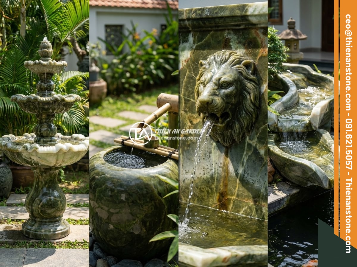 Cách Chọn Kích Thước Và Mẫu Đài Phun Nước Bằng Đá Phù Hợp Sân Vườn Nhà Bạn - Hình 4 Cách Chọn Kích Thước Và Mẫu Đài Phun Nước Bằng Đá Phù Hợp Sân Vườn Nhà Bạn - Various stone water fountain designs displayed side by side including European c
