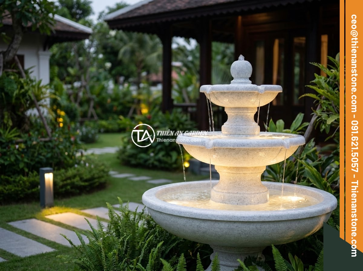Cách Chọn Kích Thước Và Mẫu Đài Phun Nước Bằng Đá Phù Hợp Sân Vườn Nhà Bạn - Hình 6 Cách Chọn Kích Thước Và Mẫu Đài Phun Nước Bằng Đá Phù Hợp Sân Vườn Nhà Bạn - A stunning completed stone water fountain project in a luxury Vietnamese villa g