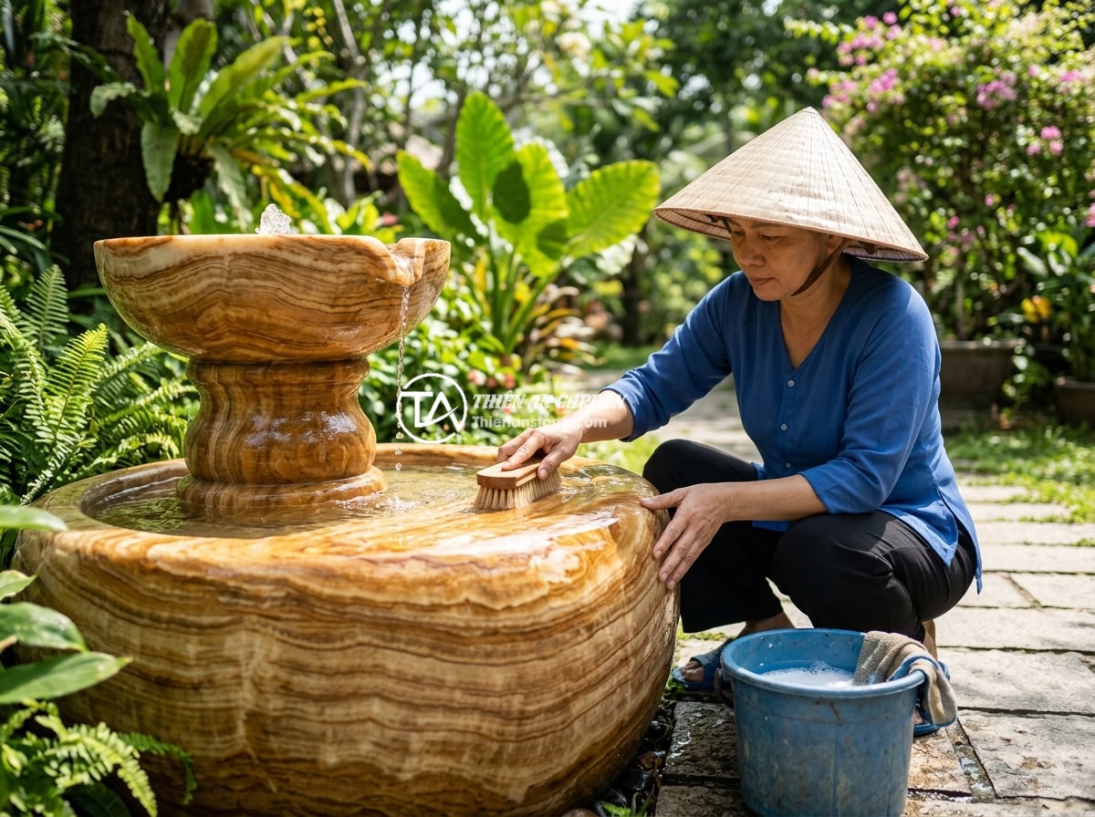 Cách Đặt Đài Phun Nước Bằng Đá Theo Phong Thủy Để Thu Hút Tài Lộc, May Mắn - A person carefully cleaning a natural stone water fountain with a soft brush, cl