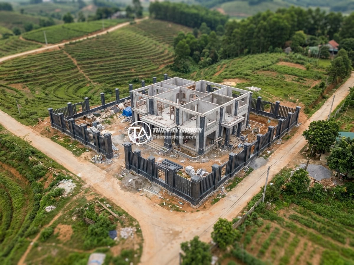 Case Study: Thi Công Hàng Rào Trụ Đá Cho Biệt Thự Tại Phú Thọ - Aerial view of a luxury villa in Phu Tho province Vietnam with surrounding stone