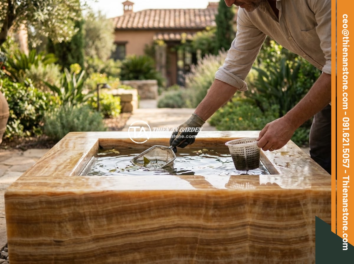 Case Study Thực Tế Thi Công Đài Phun Nước Đá Tự Nhiên Cho Biệt Thự Sân Vườn - Homeowner performing routine maintenance on a natural stone fountain, cleaning t
