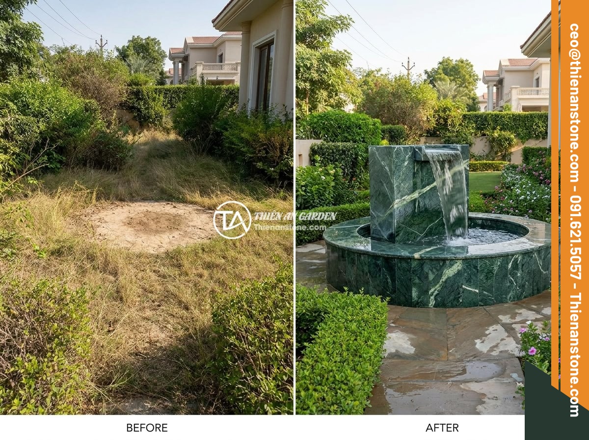 Case Study Thực Tế Thi Công Đài Phun Nước Đá Tự Nhiên Cho Biệt Thự Sân Vườn - Before and after comparison of a villa garden showing the dramatic transformatio