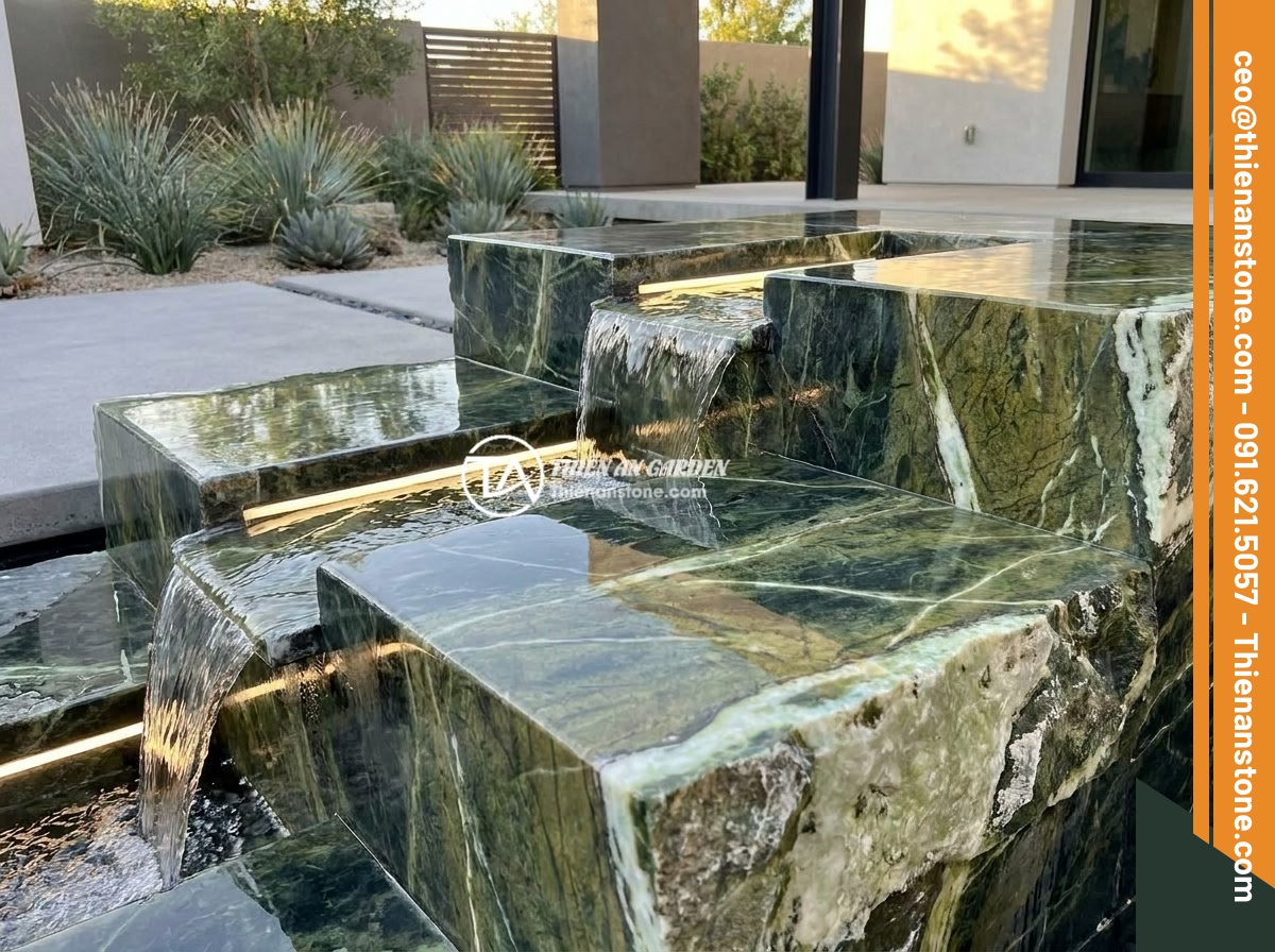 Case Study Thực Tế Thi Công Đài Phun Nước Đá Tự Nhiên Cho Biệt Thự Sân Vườn - Modern minimalist natural stone fountain design trend for 2026, featuring clean 